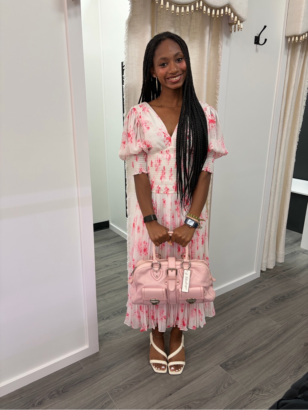 Self-Portrait Nwt Pink Floral Midi Dress With Puff Sleeves